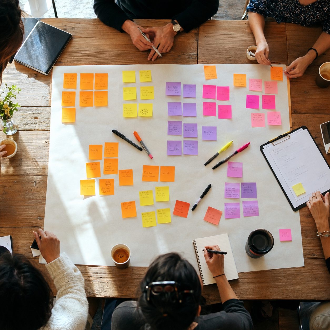Workshop-Tisch mit bunten Klebezetteln und Notizen