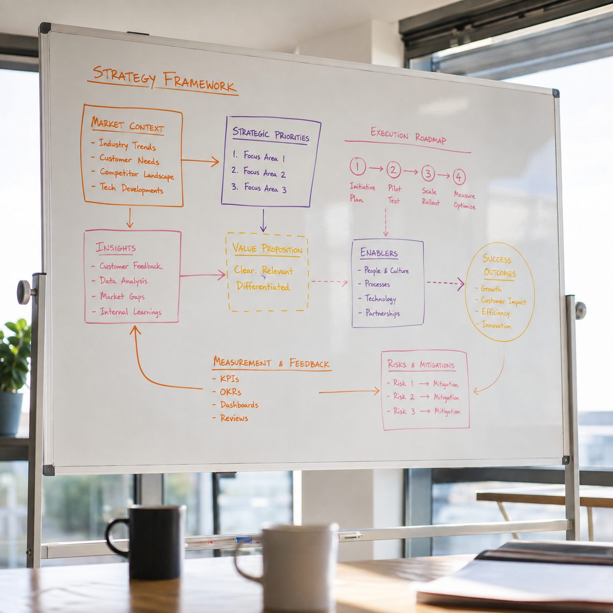 Whiteboard mit Strategie-Diagramm und Kaffeetassen im Vordergrund