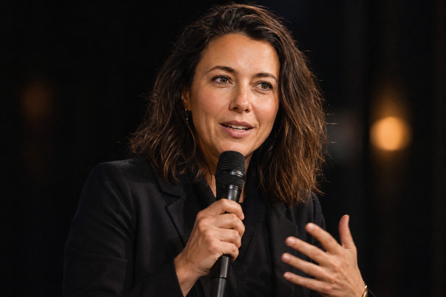 Klara Mivolis spricht mit Mikrofon vor Publikum