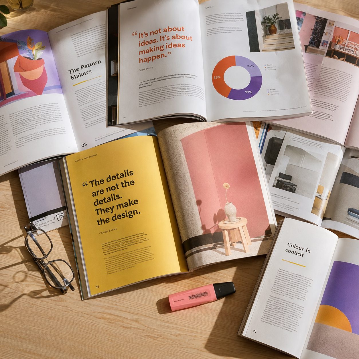 Aufgeschlagene Designmagazine als Flatlay