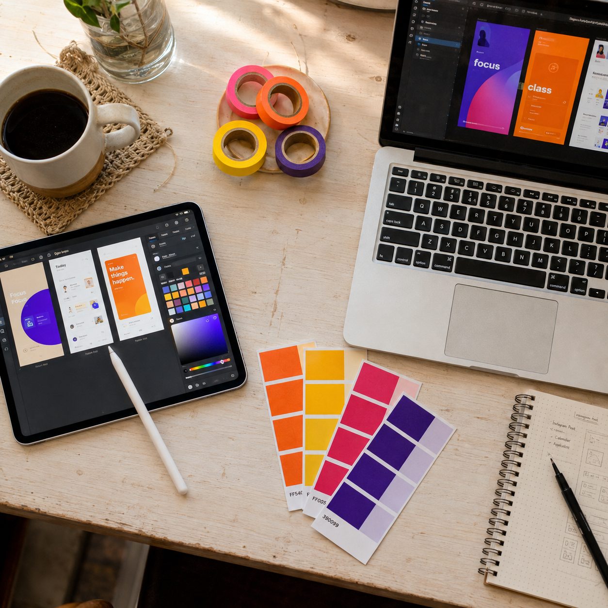 Digitale Design-Werkzeuge und Stift auf hellem Schreibtisch