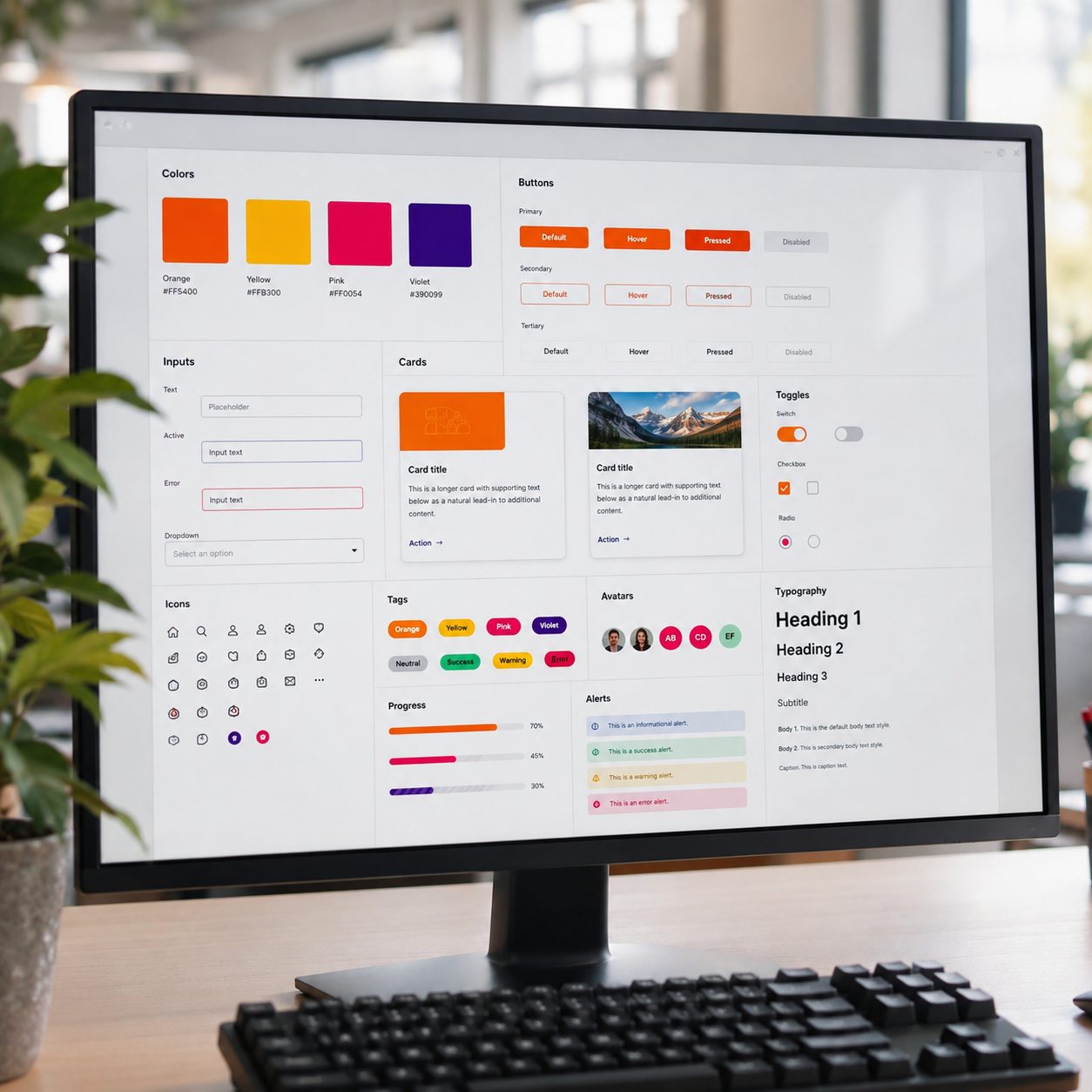 Design-System-Oberfläche mit Farbpaletten und Komponenten auf einem Monitor